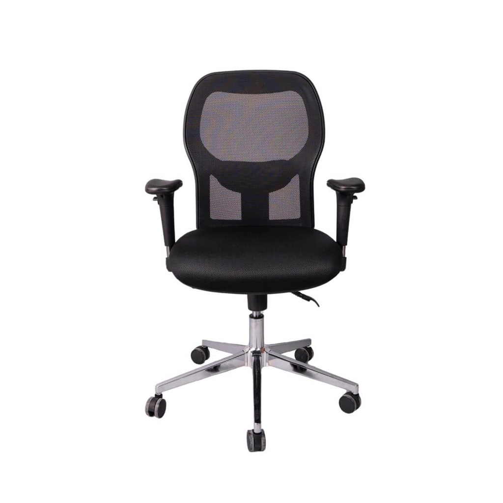 Silla semiejecutiva en malla con base cromada y soporte lumbar