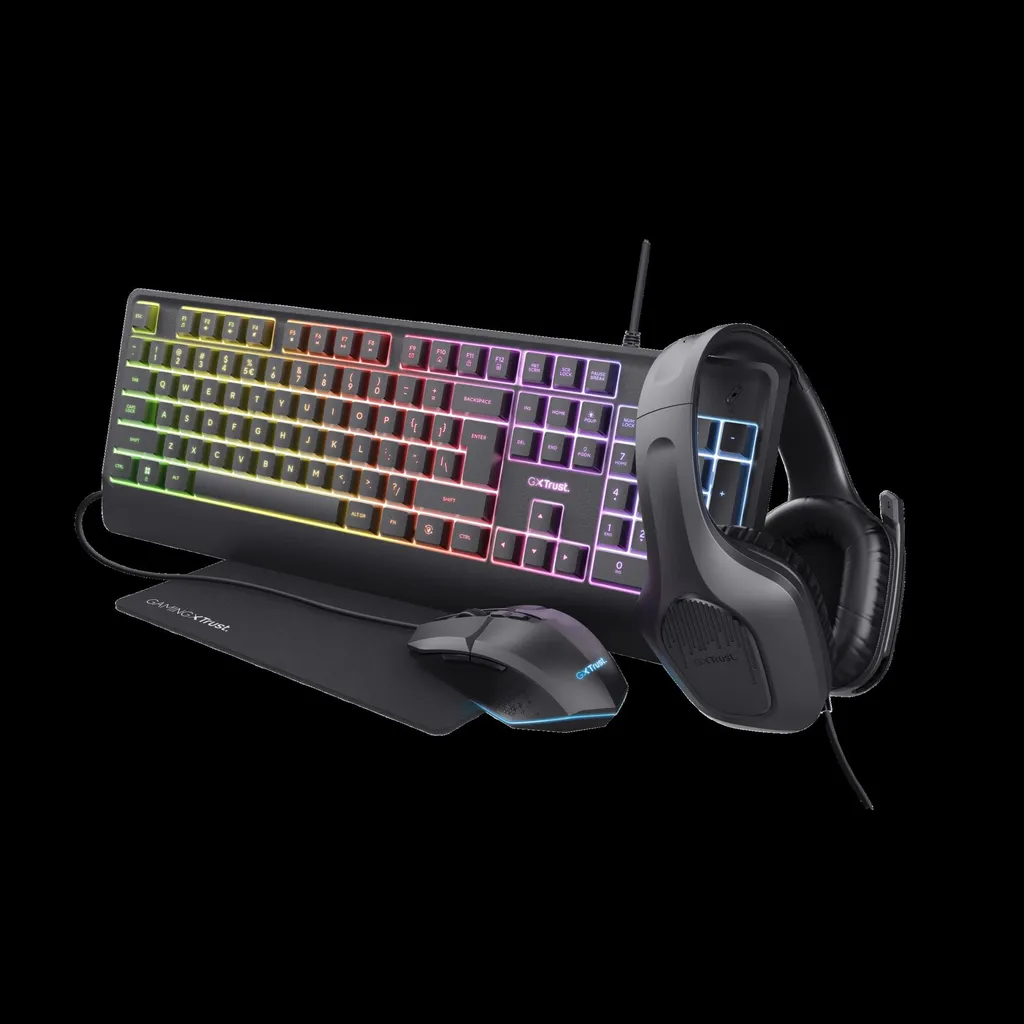 Trust teclado mouse almohadilla y audifonos color negro iluminado - 25155